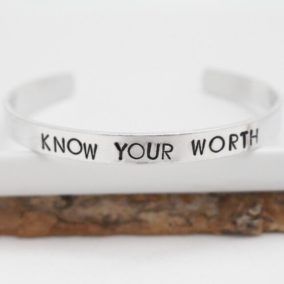 Know Your Worth - Hand Stamped Anodized Aluminum Bangle - Adjustable - Picture 9 of 11
